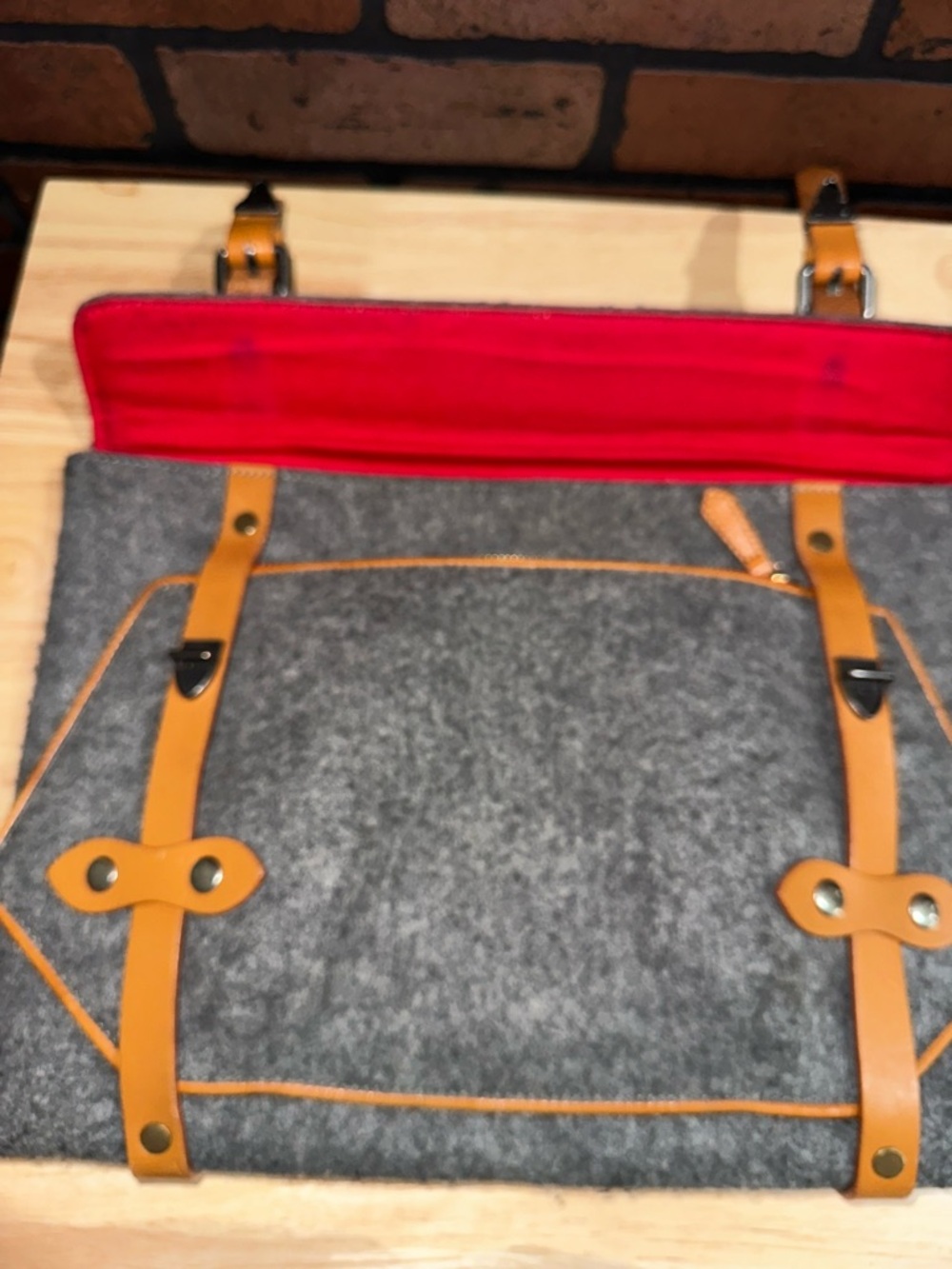 Gray Felt Laptop Bag with Tan Leather Straps - Picture 5 of 8